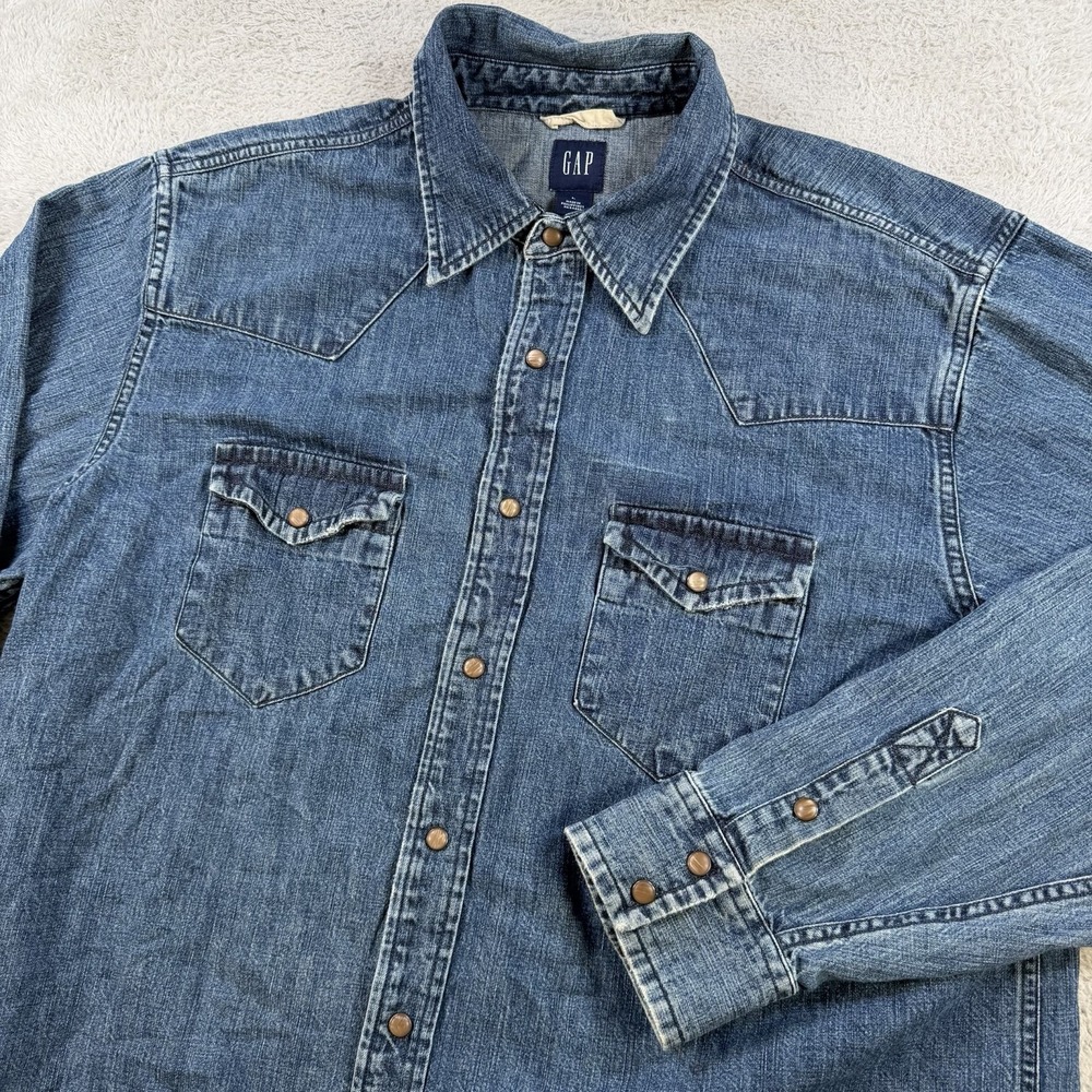 Vintage Gap Shirt Mens Large Blue Denim Pearl Snap Western Cowboy Long Sleeve